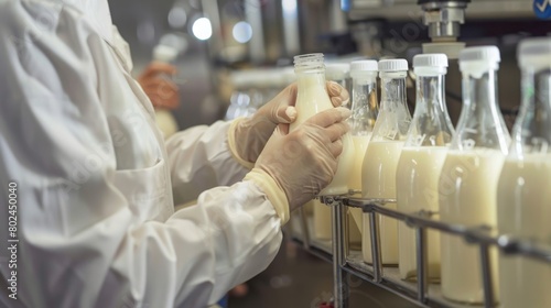 Food scientist testing milk samples of dairy products in the laboratory. Researchers are looking at the stratification of milk.