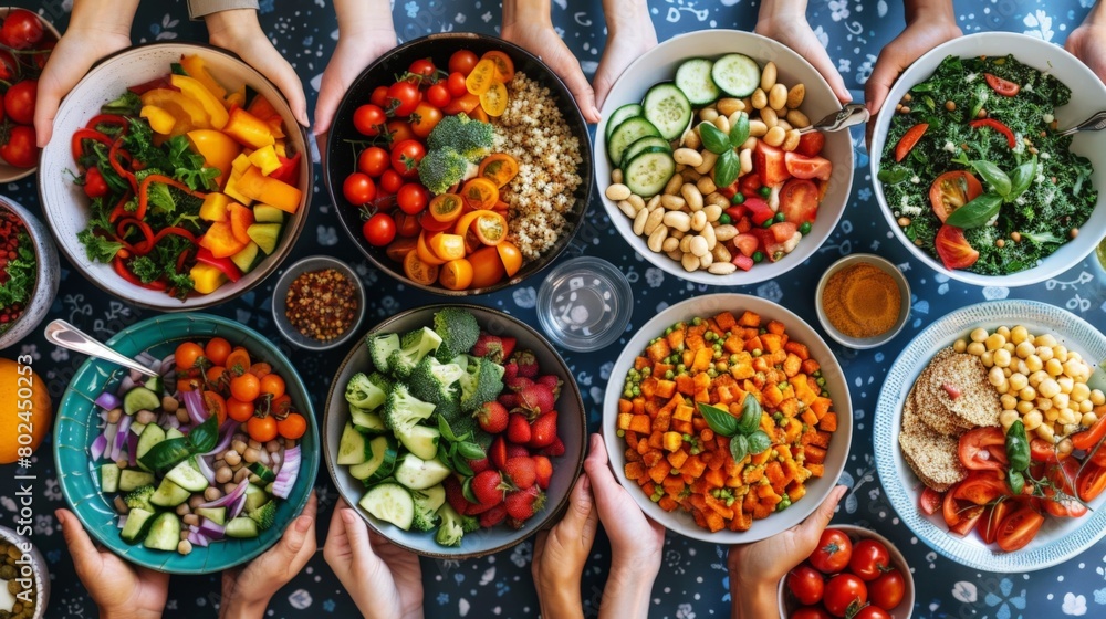 Several hands collecting plates of healthy food Several hands collecting plates of healthy food