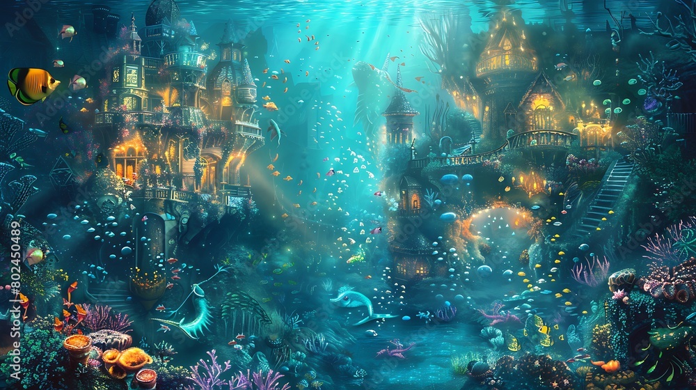 a digital drawing of a fantastical underwater kingdom inhabited by mermaids and sea creatures a digital drawing of a fantastical underwater kingdom inhabited by mermaids and sea creatures