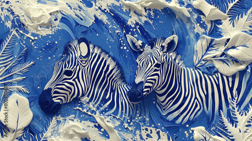 Two zebras are painted on a blue background with white stripes