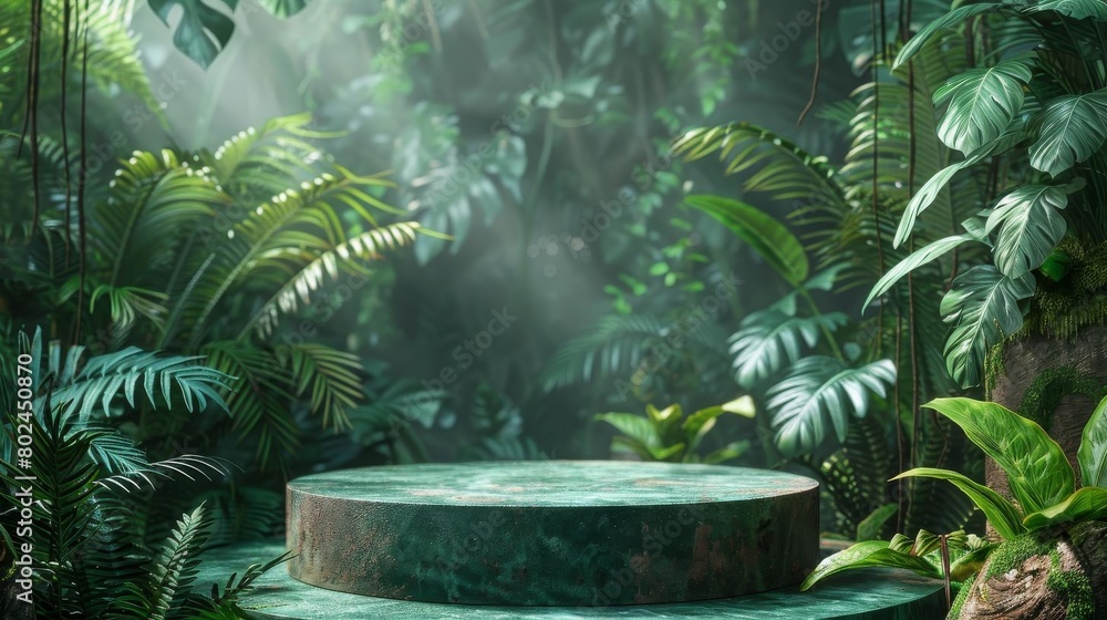 Lush green podium in a jungle scene, perfect for botanical products and ecotourism gear Lush green podium in a jungle scene, perfect for botanical products and ecotourism gear