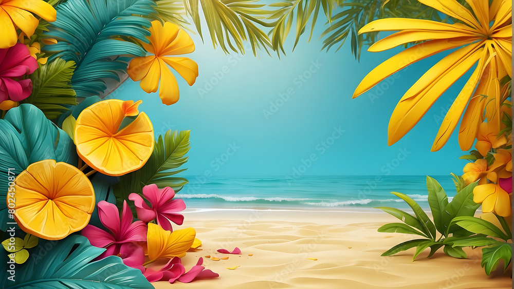 Vibrant tropical foliage frames a serene beach view, with golden sand and tranquil blue waters