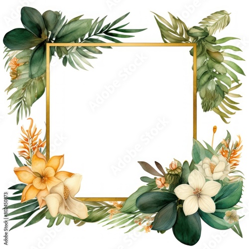 Botanical Floral Frame with Tropical Leaves and Flowers