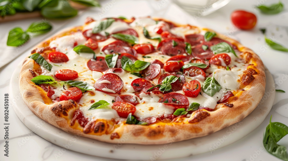 A classic Italian pizza topped with savory salami, melted cheese, juicy tomatoes, and fragrant basil.