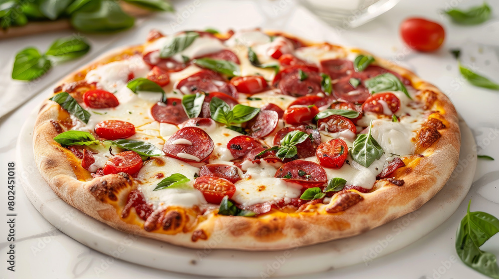 A classic Italian pizza topped with savory salami, melted cheese, juicy tomatoes, and fragrant basil. A classic Italian pizza topped with savory salami, melted cheese, juicy tomatoes, and fragrant basil.