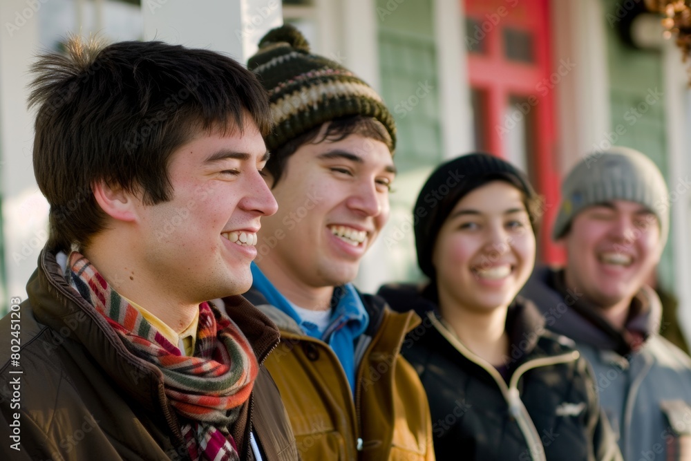Portrait of smiling young men and women on the background of the city Portrait of smiling young men and women on the background of the city