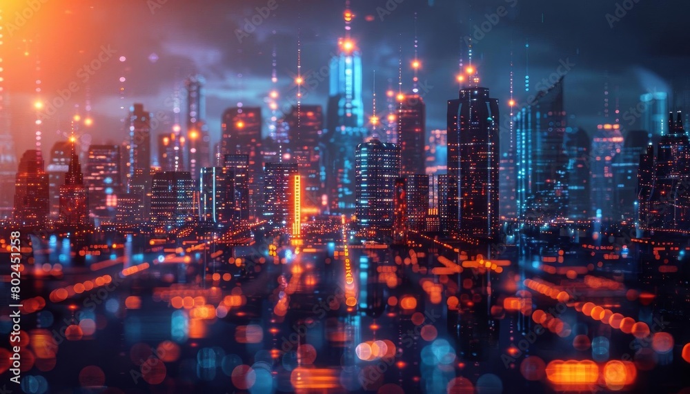Futuristic cityscape with holographic elements, suitable for tech startup pitches or digital marketing materials