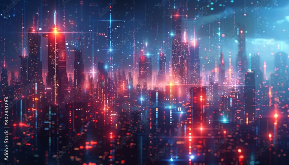 Futuristic cityscape with holographic elements, suitable for tech startup pitches or digital marketing materials