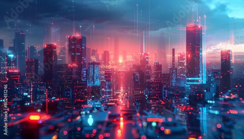 Futuristic cityscape with holographic elements  suitable for tech startup pitches or digital marketing materials