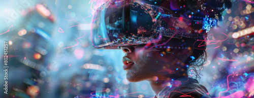 Girl uses VR glasses on abstract neon background, portrait of young woman wearing futuristic headset. Theme of technology, beauty, future, art