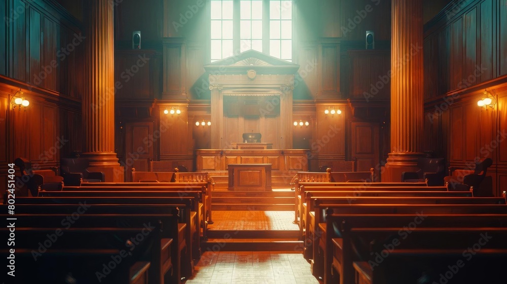 Empty courtroom with a judges bench and witness stand, symbolizing justice and law
