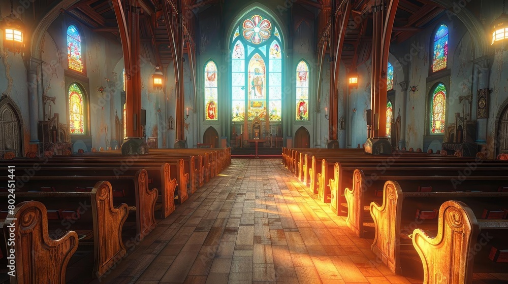 Empty church with pews and stained glass, conveying spirituality and community