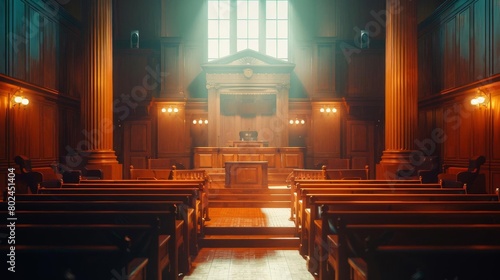 Empty courtroom with a judges bench and witness stand, symbolizing justice and law