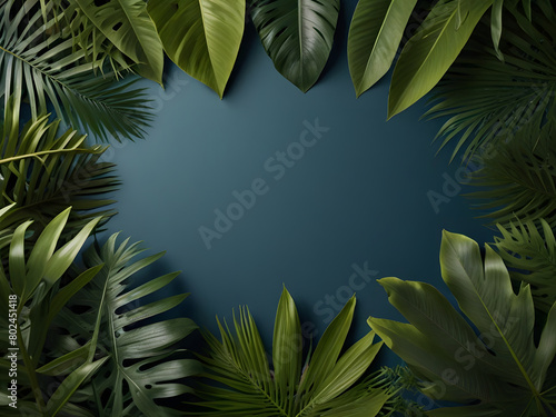Tropical Leaves Frame Lush Green Foliage Adorning a Background.