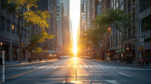 Empty city street at dawn with soft sunlight illuminating the buildings, creating a calm urban morning atmosphere photo
