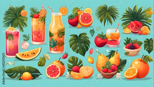 A vibrant display of tropical fruits and refreshing summer drinks against a teal background  evoking freshness