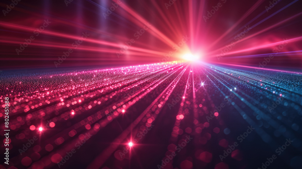 Red rays of light on dark background, abstract cyber space with pattern of laser lines. Theme of data, tech, network, future, explosion, technology.