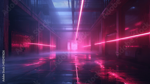 Modern dark garage with red laser light  abstract industrial background. Theme of warehouse  factory  room interior  industry