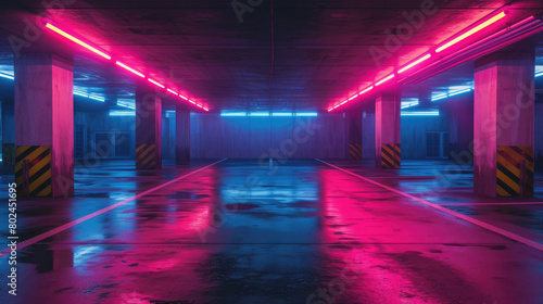 Grungy dark parking with red neon light, abstract underground garage background. Theme of modern concrete warehouse, interior, industry, technology