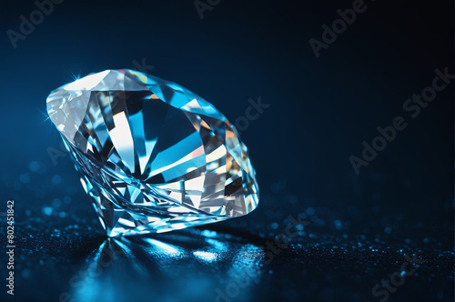 A single sparkling diamond laying on a solid black background
