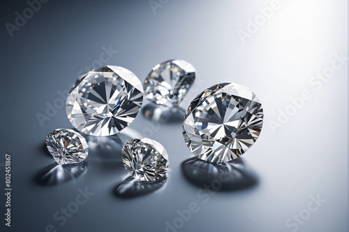 Multiple sparkling diamonds are arranged neatly on a flat surface like a table