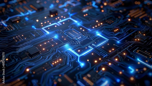 Circuit board background with glowing blue lines, perfect for tech company websites or digital brochures photo