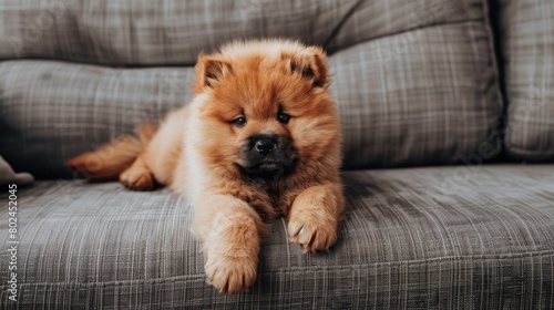 Wallpaper Mural a cute light brown fluffy Chow puppy lounging on the sofa, captured in a heartwarming full-body shot. Torontodigital.ca