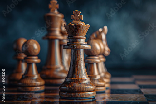 Chess pieces on chessboard on dark background