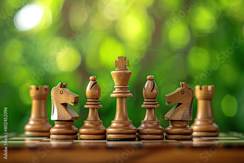 Chess pieces on chessboard on blurred green background