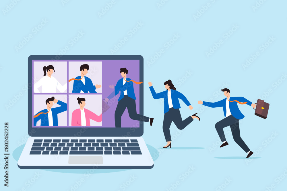 Businessman and his colleague join virtual conference meeting through laptop, illustrating hybrid work. Concept of remote work from home, virtual collaboration, and flexibility for employees to work Businessman and his colleague join virtual conference meeting through laptop, illustrating hybrid work. Concept of remote work from home, virtual collaboration, and flexibility for employees to work
