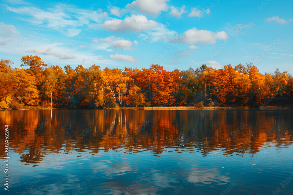 A serene autumn landscape with colorful foliage, trees, and a tranquil lake. A serene autumn landscape with colorful foliage, trees, and a tranquil lake.