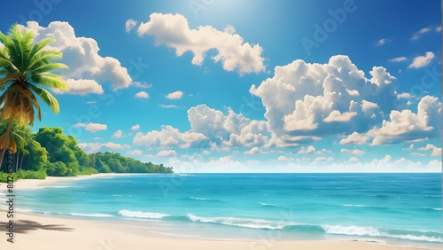 A captivating view of an untouched tropical beach, lined with palm trees, white sand, and a clear blue ocean under a sky full of clouds