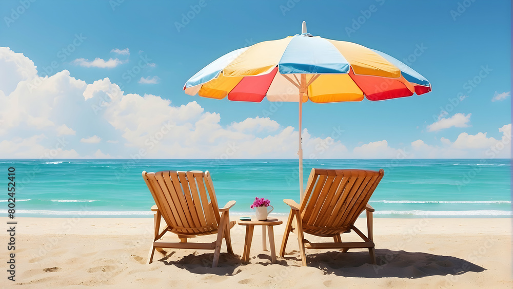 Two wooden sun loungers under a multi-colored umbrella on a sunny beach day, symbolizing leisure and summer vibes