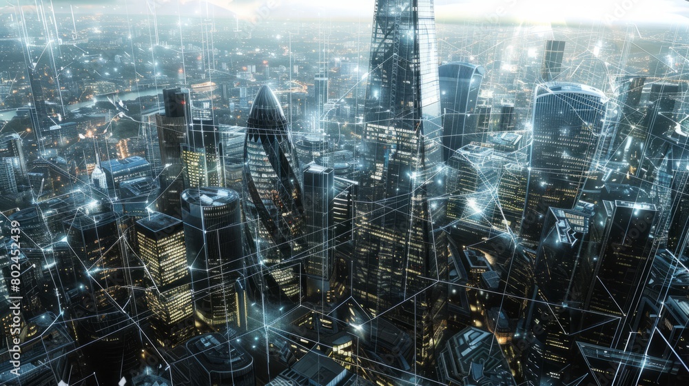 Cityscape of London's finance hub featuring an intricate web of data connections. Generative AI hyper realistic 