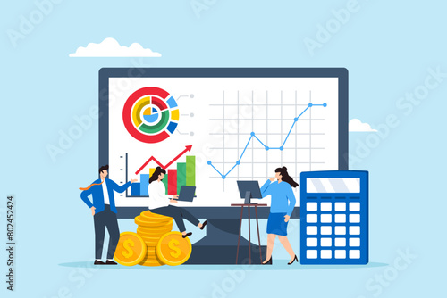 Business people work with financial dashboard and calculator, illustrating data analysis. Concept of financial management, accounting, monitoring corporate revenue, investment profits, taxes, budgets