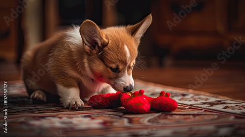 a cute corgi puppy as it romps with an old pair of blue slippers  radiating cuteness and liveliness in the soft glow of natural light.
