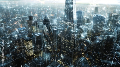 Cityscape of London s finance hub featuring an intricate web of data connections. Generative AI hyper realistic 