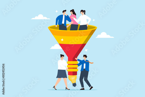 People in sales and marketing funnel with lightbulb outcome, illustrating sales conversion. Concept of managing employees or teams, brainstorming for new ideas, and pipeline of customer purchases