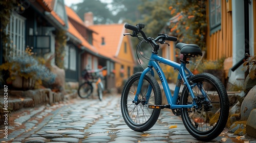 Cerulean blue baby bike on a cobblestone street in a historical village, quaint and cute, copy space for text