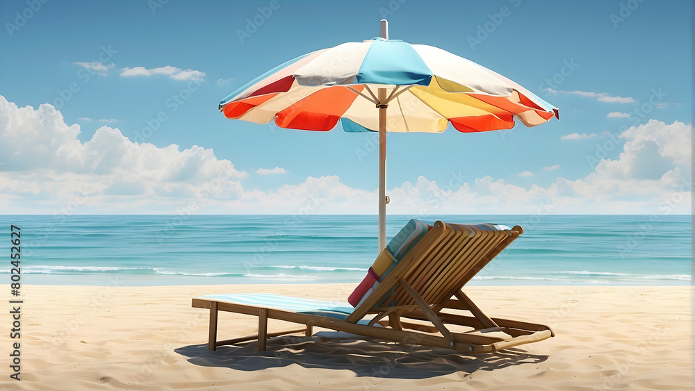 A tranquil and inviting scene with a single beach chair and a colorful umbrella set on a pristine sandy beach stretching to the horizon