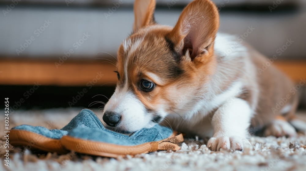 a cute corgi puppy as it romps with an old pair of blue slippers, radiating cuteness and liveliness in the soft glow of natural light. a cute corgi puppy as it romps with an old pair of blue slippers, radiating cuteness and liveliness in the soft glow of natural light.