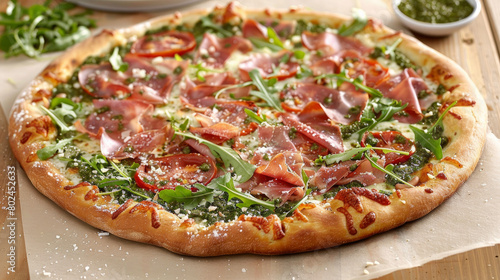 A mouthwatering pizza topped with savory prosciutto, ham, peppery arugula, juicy tomatoes, flavorful pesto, gooey cheese, and grated Parmesan cheese. A culinary delight from Italy