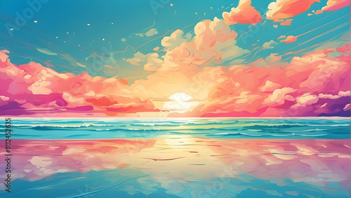A digital painting presenting a serene beach sunset with dramatic  colorful clouds reflected on the sea surface