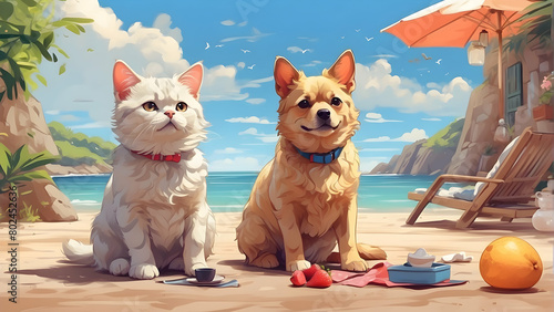 An adorable illustration of a fluffy cat and an eager dog sitting on a sunny beach with coastal cliffs © Heruvim