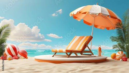 An inviting beach scene featuring an orange striped deck chair under an umbrella with a calm sea backdrop, perfect for relaxation and sunbathing by the shore