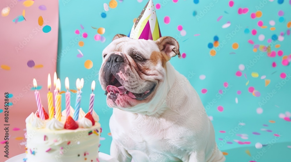 a jubilant dog dons a birthday hat, seated before a cake adorned with candles, set against a light blue backdrop with pink confetti swirling in the air.