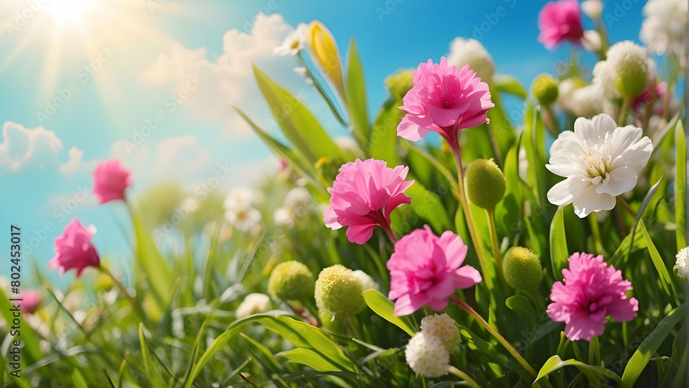 Fototapeta premium Vivid image of assorted bright flowers blooming in sunlight with a vibrant green background