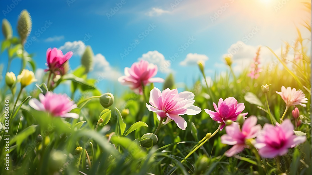 A vibrant image showcasing a variety of flowers in bloom, under a beautiful blue sky with the sun shining brightly A vibrant image showcasing a variety of flowers in bloom, under a beautiful blue sky with the sun shining brightly