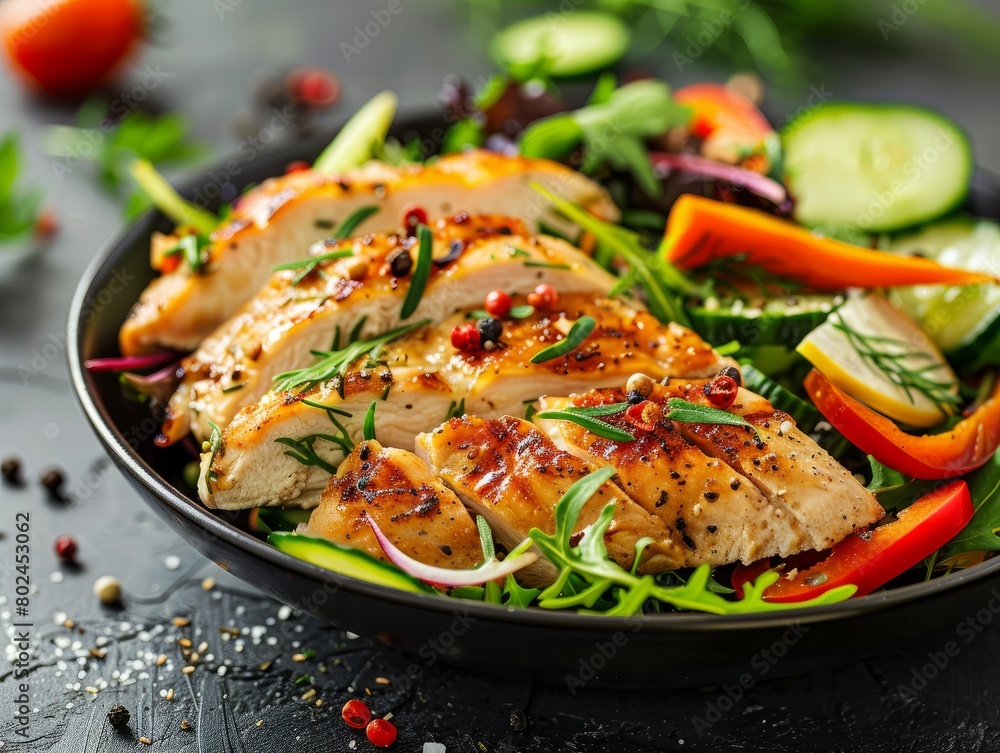 Keto salad with chicken fillet, grens and fresh vegetable . Healthy food concept. Keto salad with chicken fillet, grens and fresh vegetable . Healthy food concept.