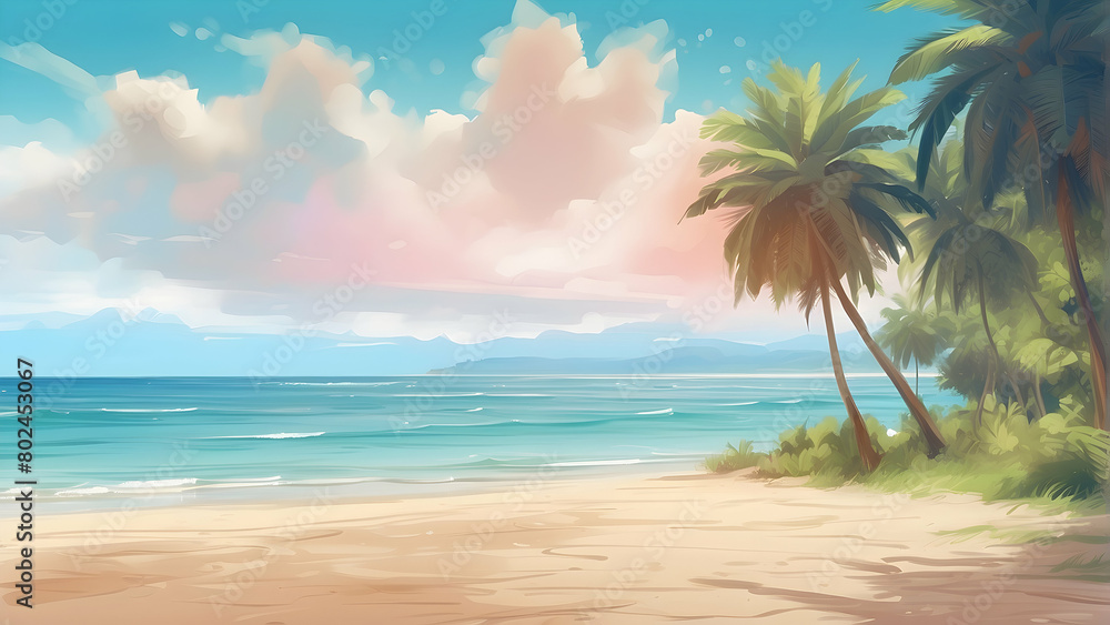 A picturesque digital illustration of a serene tropical beach, with palm trees, soft sands, and a calm sea under a colorful sky
